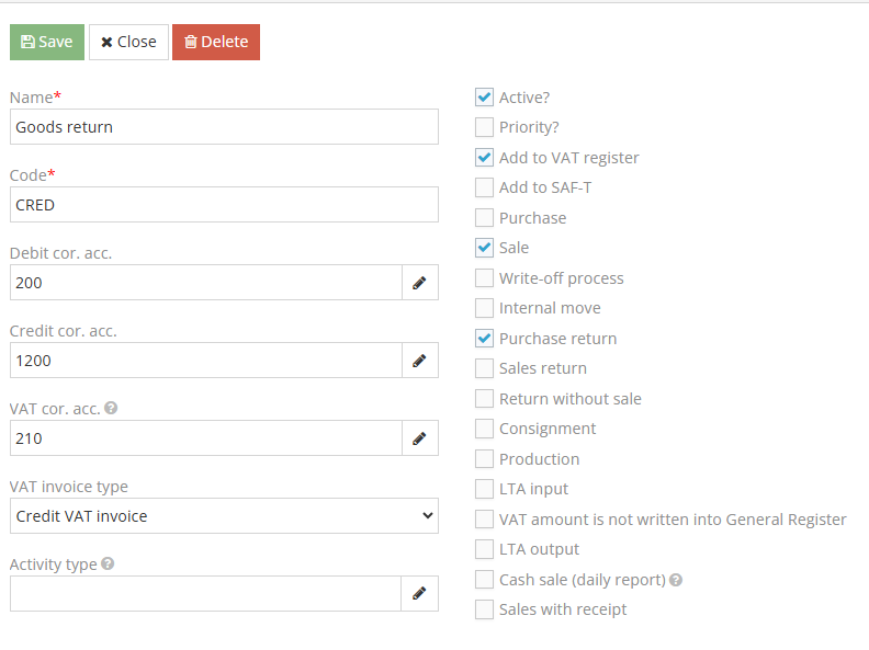 Goods return operation to reduce stock
